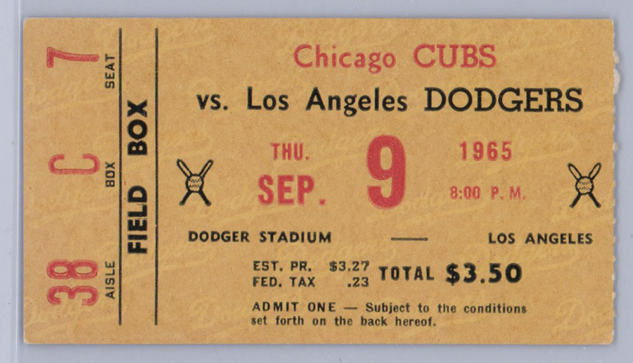Sandy Koufax Perfect Game 9/9/65 Ticket Stub