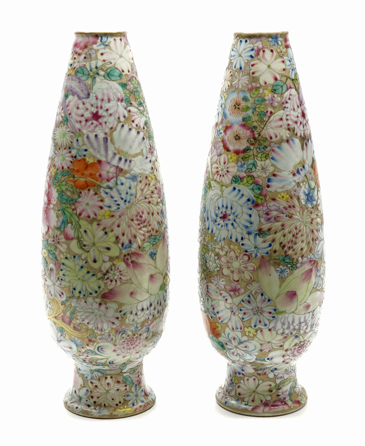 Pair Chinese Qianlong Mark Millefleur Vases