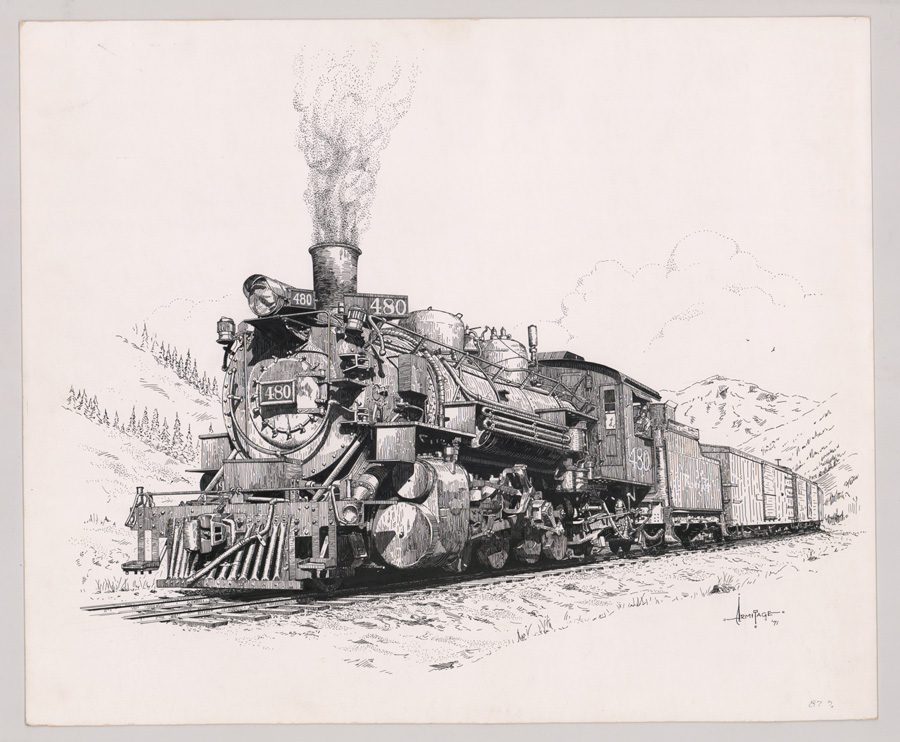 Al Armitage Original Pen and Ink Drawing [Trains]