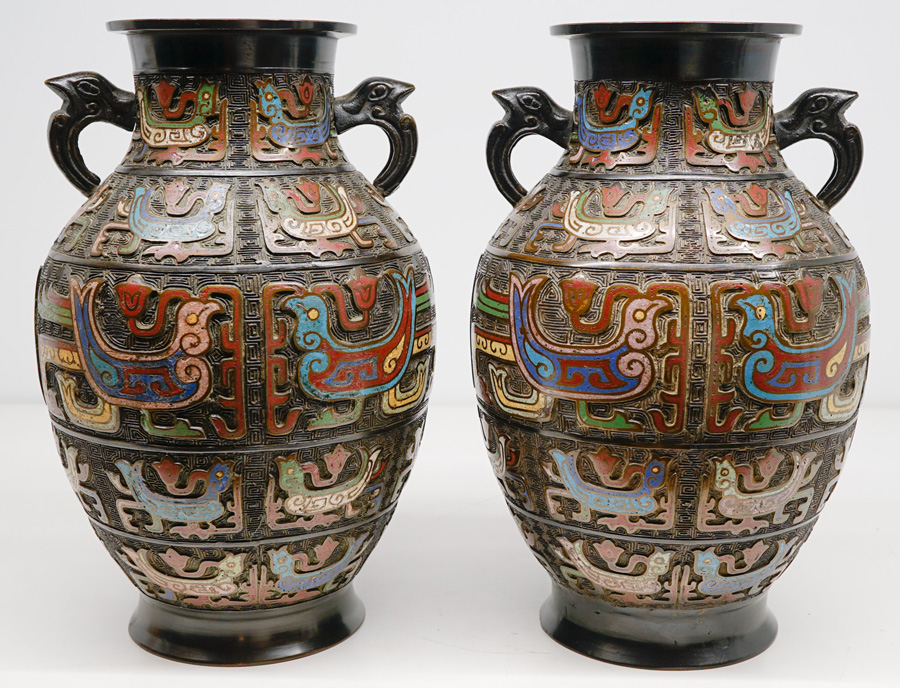 Pair Japanese Large Champleve Enamel Vases