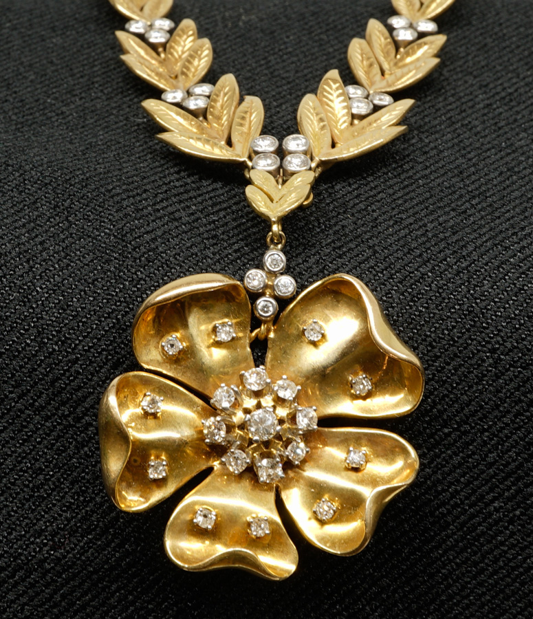 14K Gold, Platinum and Diamond Floral Necklace