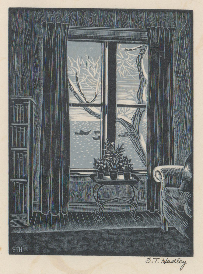 Sara Hadley Woodcut [Window View, Tree, Water]