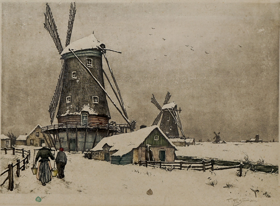 Tavik F. Simon Color Aquatint [Holland, Windmills]