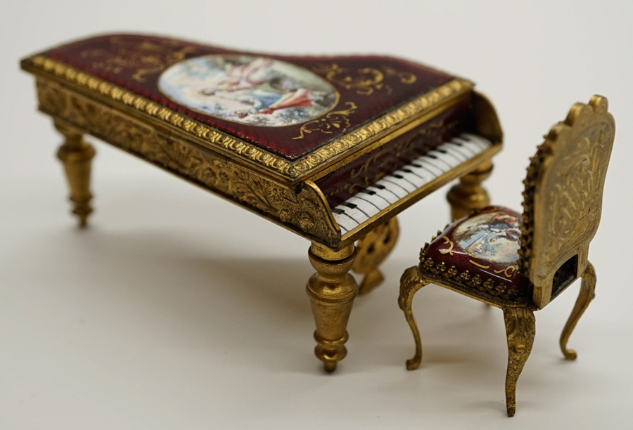Viennese Miniature Enamel Piano Box and Chair
