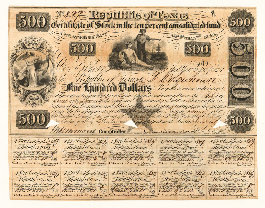 $500 Republic of Texas Bond 1840