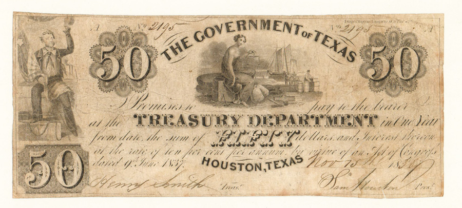 $50 Dollar Government of Texas 1838