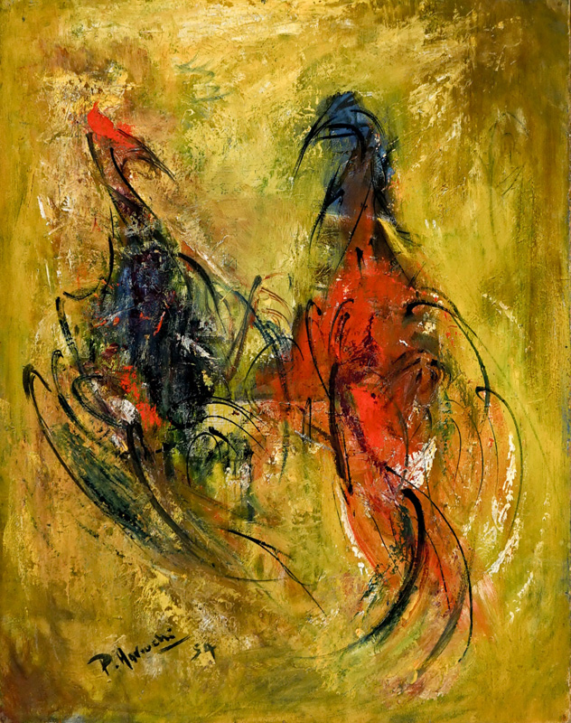 Paul Horiuchi Original Oil On Board [Roosters]