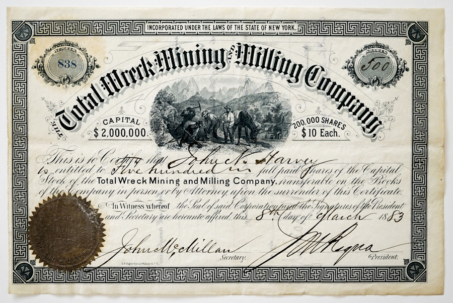 1883 Total Wreck Mining Company Stock Certificate