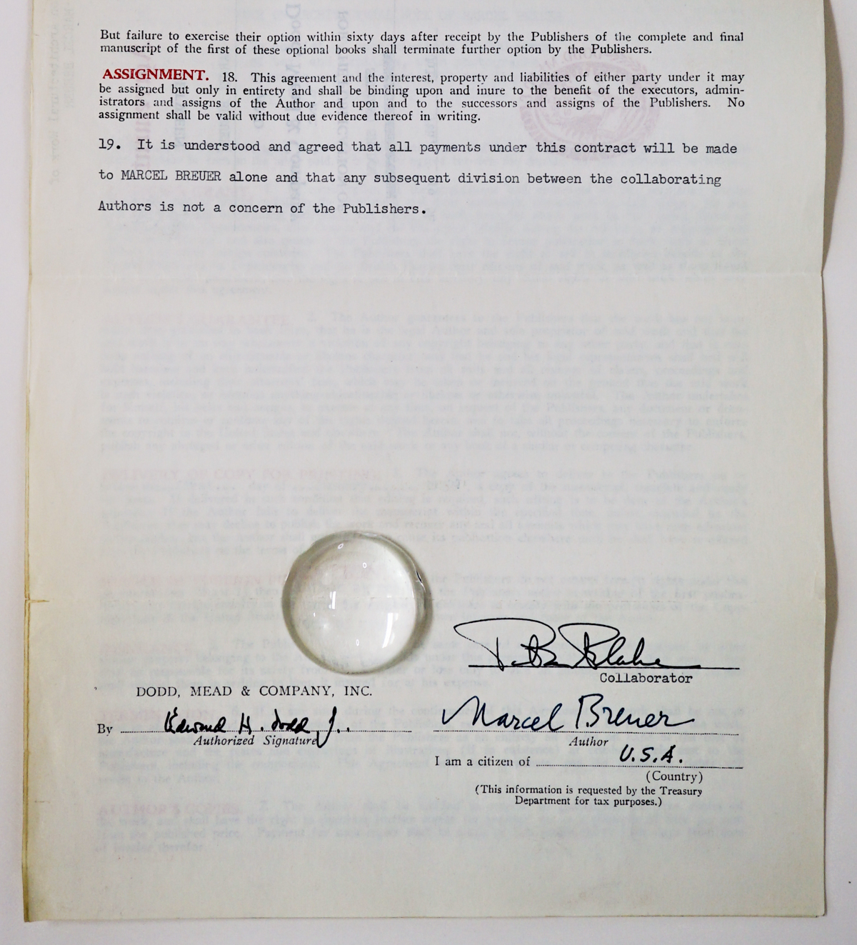 Marcel Breuer Signed Publishers Contract
