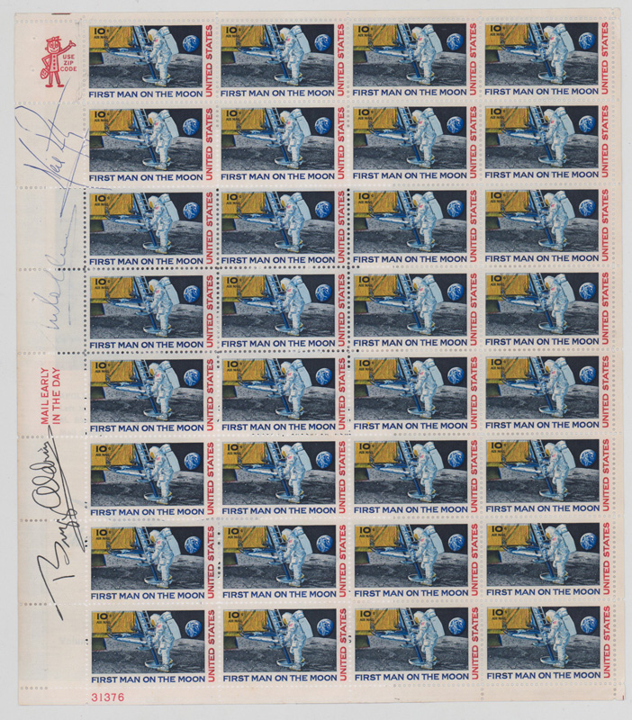 Apollo 11 Signed Full Sheet U.S. Stamps