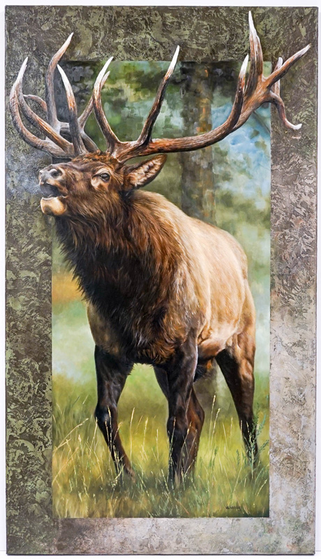 Val Warner Large Signed Oil Painting of Elk