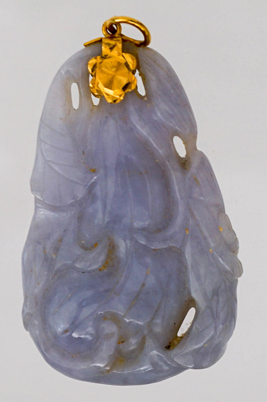 Large Lavender Jade Carved Pendant in 22k Gold