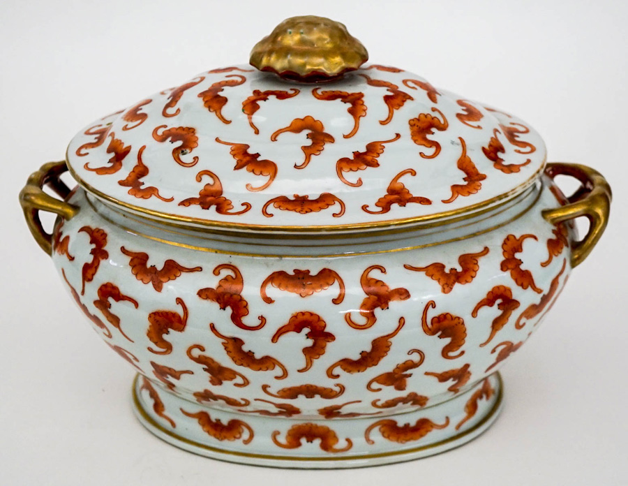 Chinese Porcelain Tureen, Red Bats, Gilded Knob