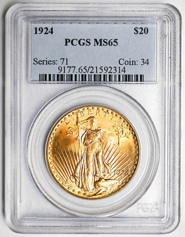 1924 St. Gaudens $20 Gold Coin PCGS MS65